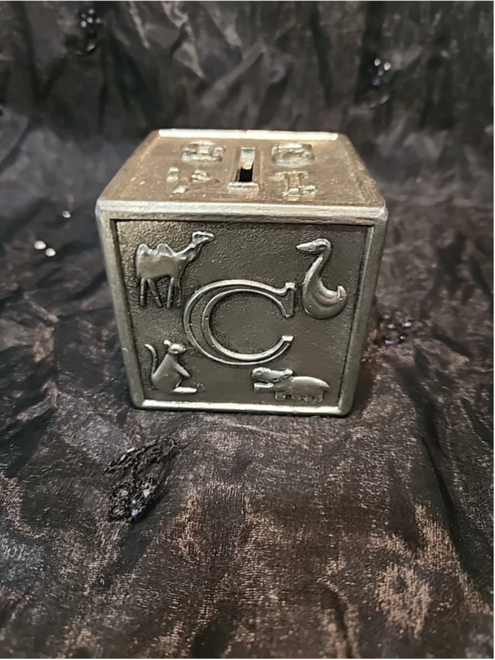 LEONARD'S ITALY SILVER PLATE BABY ABC LETTER BLOCK PIGGY COIN BANK Numbers, MCM